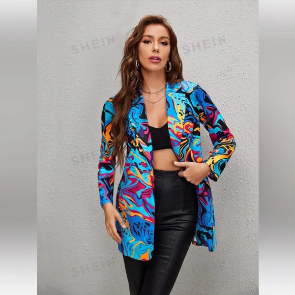 4/$25 New SHEIN Privé Graphic Print Single Button Blazer Sz M - Picture 1 of 5
